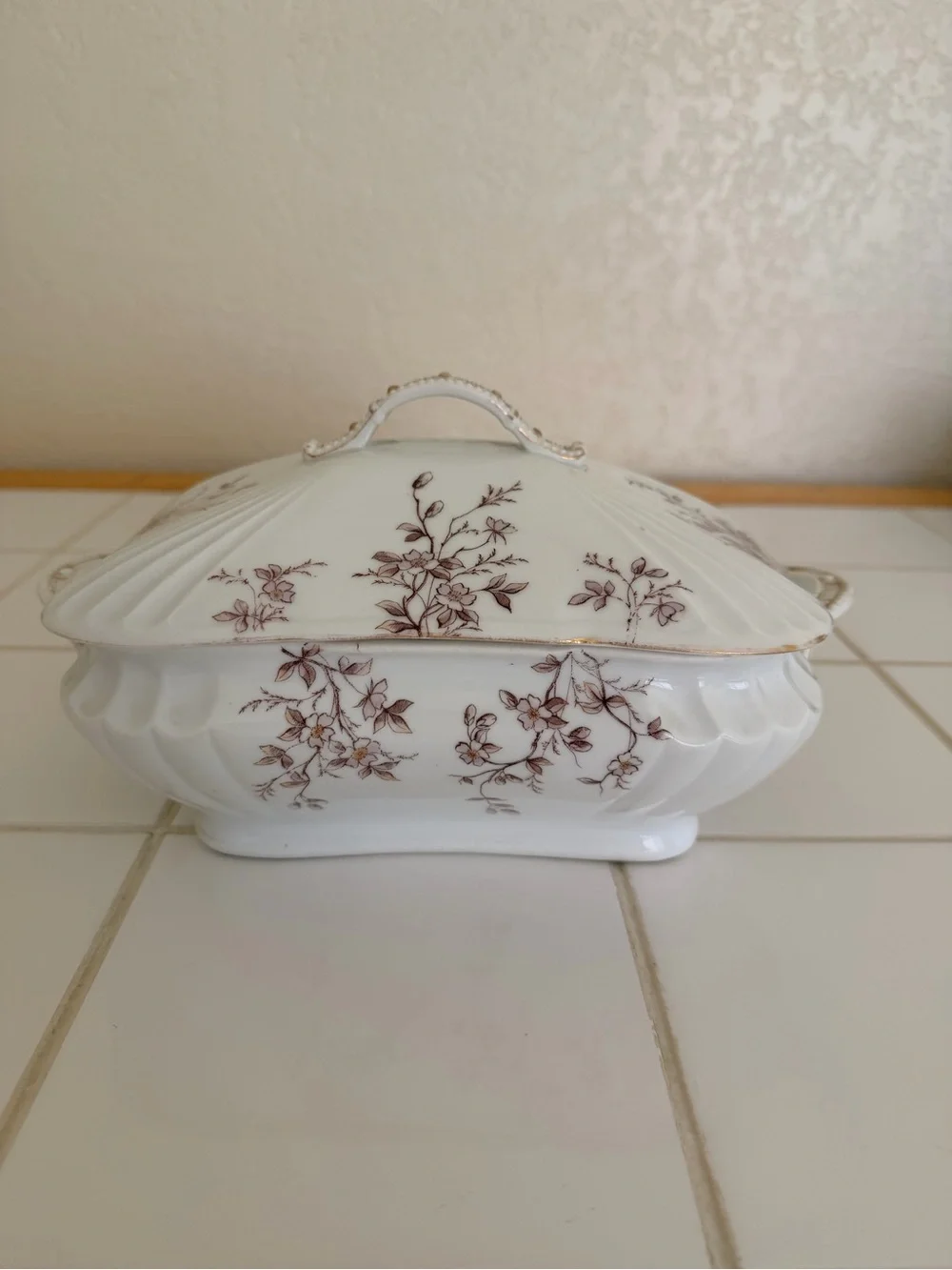 Vintage Austrian Brown Floral Covered Bone China Serving Dish Gold Trim EC